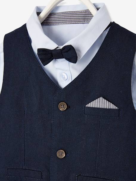 Conjunto para bebé niño de ceremonia con chaleco de punto + camisa + pajarita + pantalón AZUL OSCURO LISO 