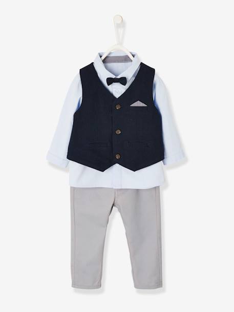 Conjunto para bebé niño de ceremonia con chaleco de punto + camisa + pajarita + pantalón AZUL OSCURO LISO 