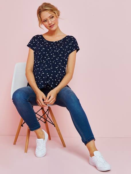 Camiseta con faldones cruzados de lactancia arcilla+AZUL OSCURO ESTAMPADO 