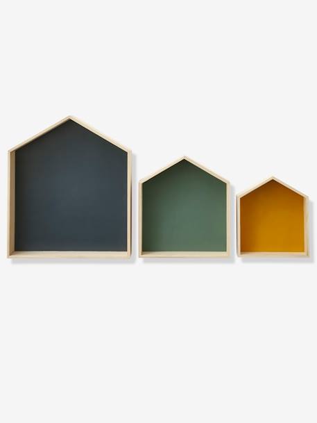 Pack de 3 estanterías casitas AZUL OSCURO LISO+Madera/multicolor+ROSA MEDIO LISO+verde agua 