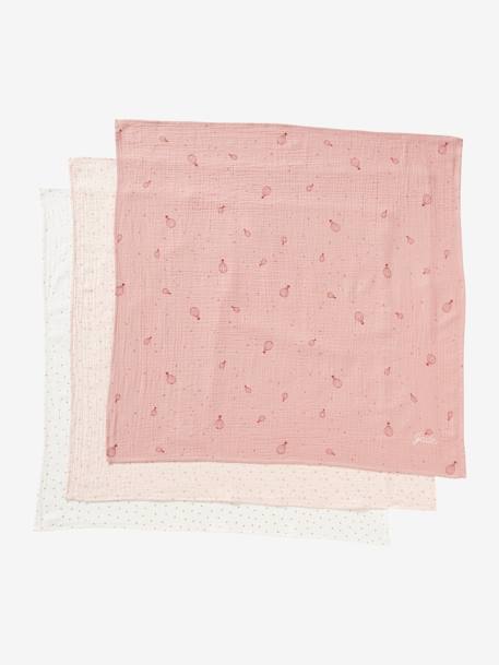 Pack de 3 paños de gasa de algodón ROSA MEDIO ESTAMPADO 