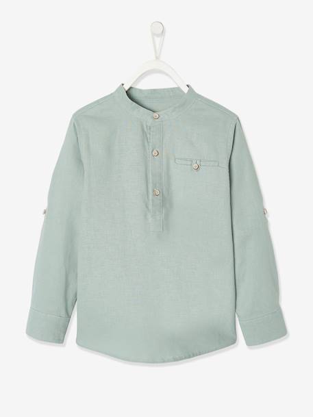 Camisa de lino/algodón para niño con cuello mao, de manga larga azul claro+AZUL FUERTE LISO+Blanco claro liso+VERDE MEDIO LISO 