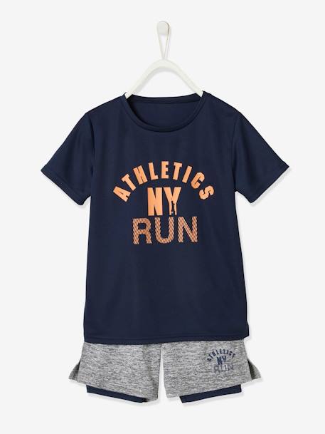 Conjunto de deporte con camiseta y bermudas efecto 2 en 1, para niño AZUL OSCURO LISO CON MOTIVOS 