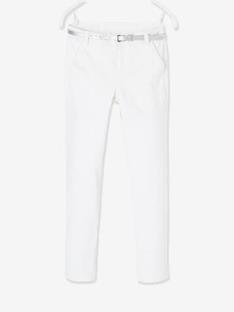 Pantalón chino para niña de satén de algodón y cinturón irisado BLANCO CLARO LISO 