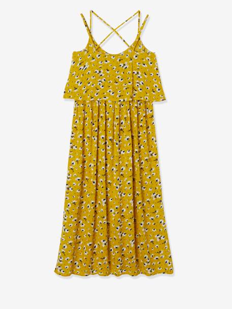 Vestido largo de embarazo con piezas fantasía AMARILLO FUERTE ESTAMPADO+NEGRO OSCURO ESTAMPADO 