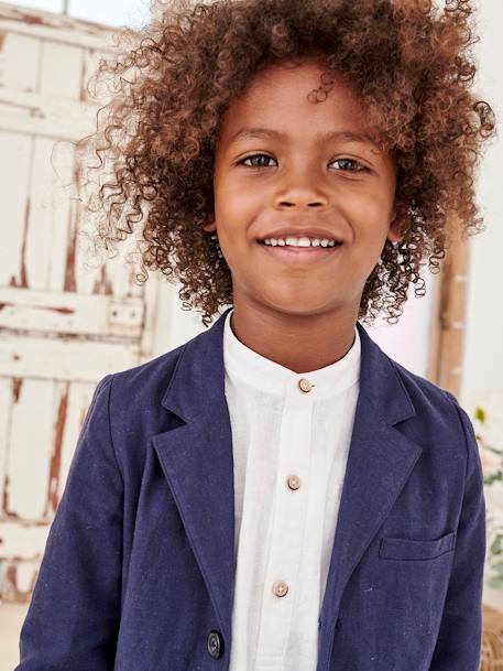 Camisa de lino/algodón para niño con cuello mao, de manga larga azul claro+AZUL FUERTE LISO+Blanco claro liso+VERDE MEDIO LISO 