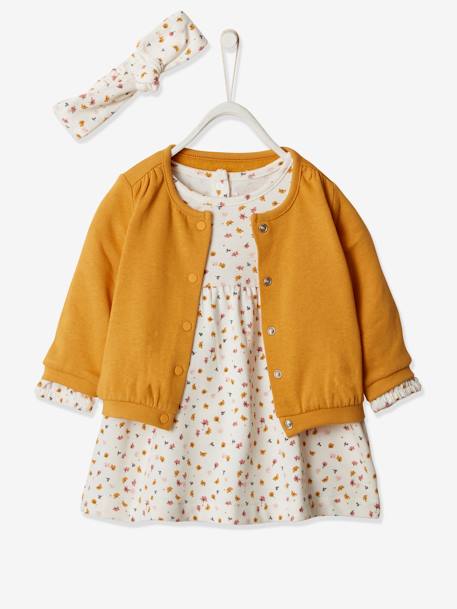 Conjunto de 3 prendas con vestido + cárdigan + cinta para el pelo, para niña BLANCO CLARO ESTAMPADO+coral 