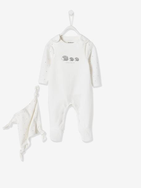 Conjunto para recién nacido + body + doudou de algodón orgánico BLANCO CLARO LISO CON MOTIVOS 