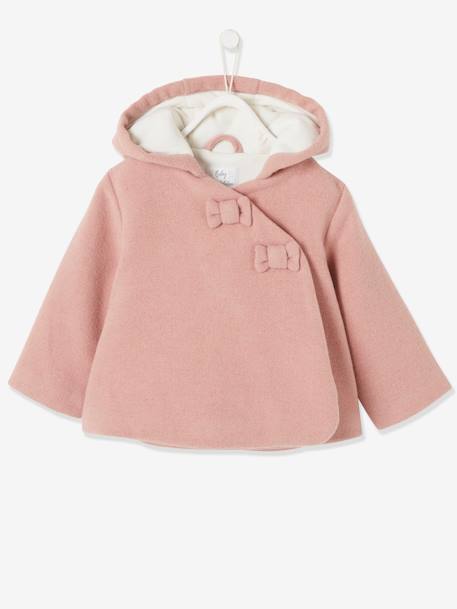 Abrigo con capucha para bebé niña de paño de lana forrado y guateado ROSA MEDIO LISO 