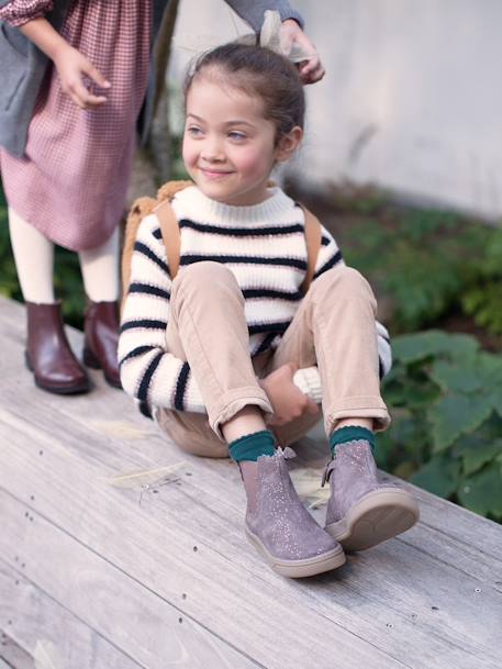 Botines con elásticos y cremalleras, para niña AZUL OSCURO LISO+BEIGE MEDIO ESTAMPADO 