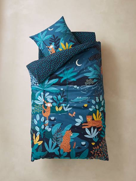 Conjunto de funda nórdica + funda de almohada infantil Jungle Night AZUL OSCURO LISO CON MOTIVOS 