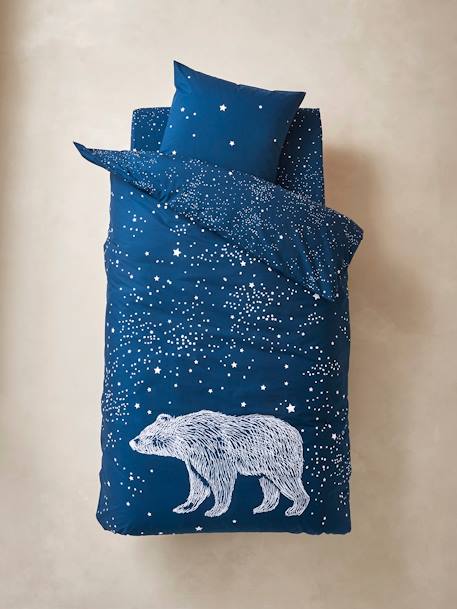 Conjunto de funda nórdica con detalles fluorescentes + funda de almohada infantil Ours Polaire AZUL OSCURO LISO CON MOTIVOS 