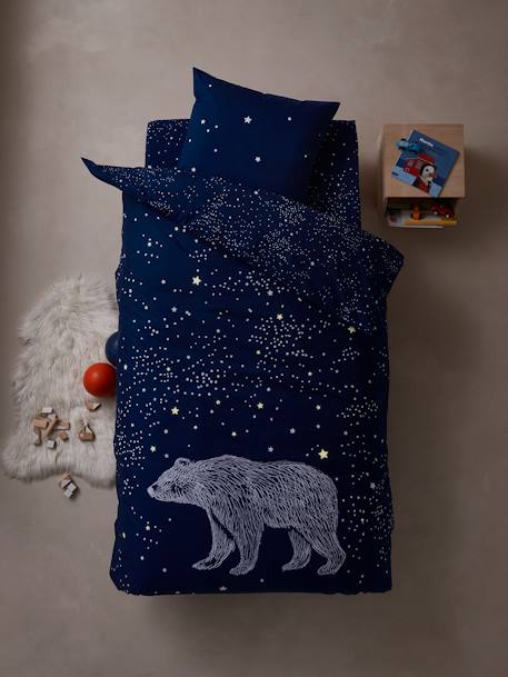 Conjunto de funda nórdica con detalles fluorescentes + funda de almohada infantil Ours Polaire AZUL OSCURO LISO CON MOTIVOS 