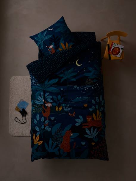 Conjunto de funda nórdica + funda de almohada infantil Jungle Night AZUL OSCURO LISO CON MOTIVOS 