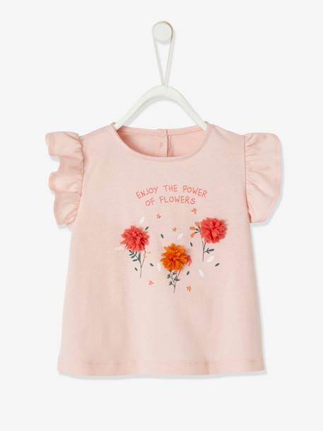 Camiseta con flores en relieve para bebé crudo+ROSA CLARO LISO CON MOTIVOS 