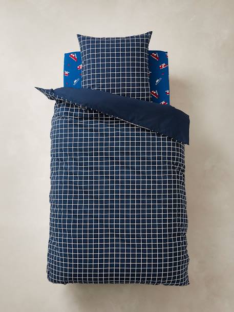 Conjunto de funda nórdica + funda de almohada infantil Petit Pompier AZUL OSCURO LISO CON MOTIVOS 