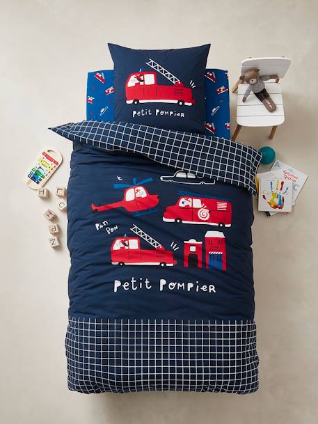 Conjunto de funda nórdica + funda de almohada infantil Petit Pompier AZUL OSCURO LISO CON MOTIVOS 