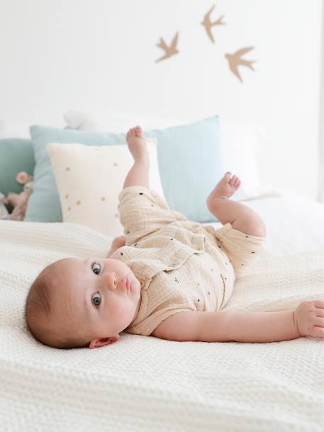 Mono para bebé recién nacido niño de gasa de algodón bordado Beige claro liso 