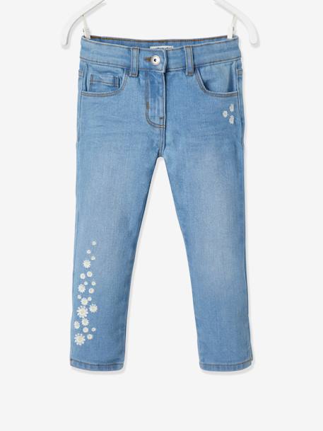 Pantalón pesquero vaquero con bordado de flores, para niña AZUL MEDIO LAVADO 