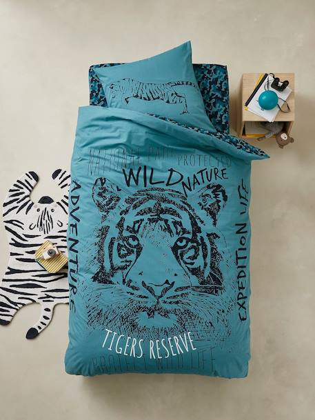 Conjunto de funda nórdica + funda de almohada Tiger AZUL MEDIO LISO CON MOTIVOS 