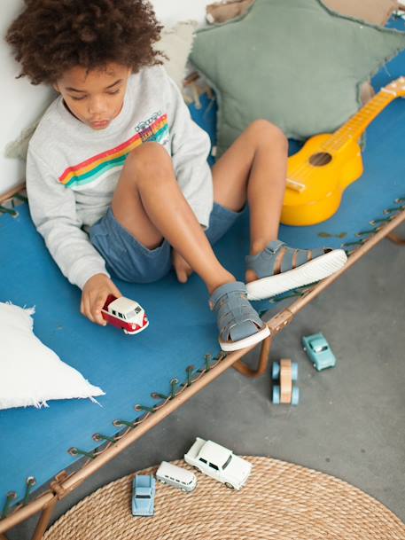 Sandalias de piel con tiras autoadherentes, para niño AZUL MEDIO LISO 