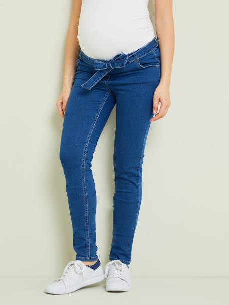 Pantalón slim para embarazo de felpa, aspecto denim AZUL MEDIO LAVADO 