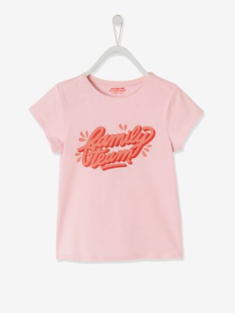 Camiseta para niña Family Team colección cápsula Vertbaudet y Studio Jonesie de algodón orgánico ROSA CLARO LISO CON MOTIVOS 