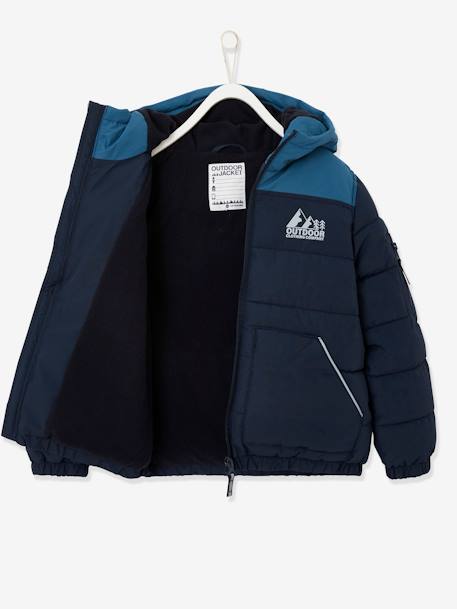 Chaqueta acolchada con capucha bicolor y relleno de poliéster reciclado, para niño avellana+AZUL FUERTE LISO CON MOTIVOS 