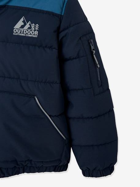 Chaqueta acolchada con capucha bicolor y relleno de poliéster reciclado, para niño avellana+AZUL FUERTE LISO CON MOTIVOS 