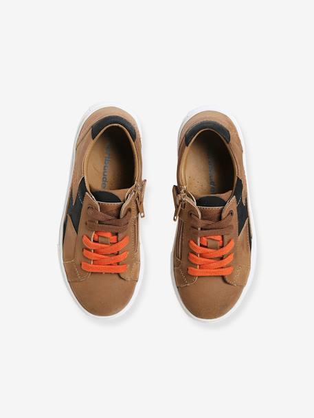 Zapatillas de piel con cordones y cremalleras, para niño MARRON MEDIO LISO CON MOTIVOS 