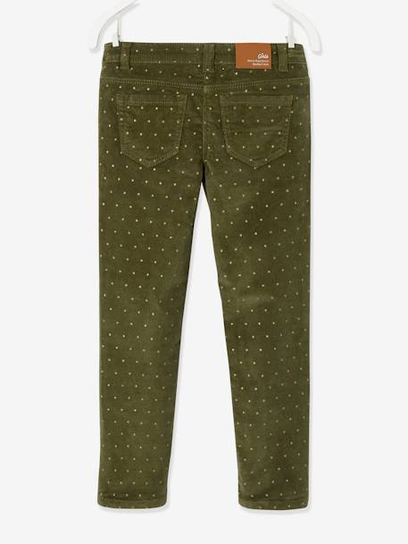 Pantalón slim MorphologiK de pana con lunares irisados para niña, con ancho de caderas FUERTE VERDE MEDIO ESTAMPADO 