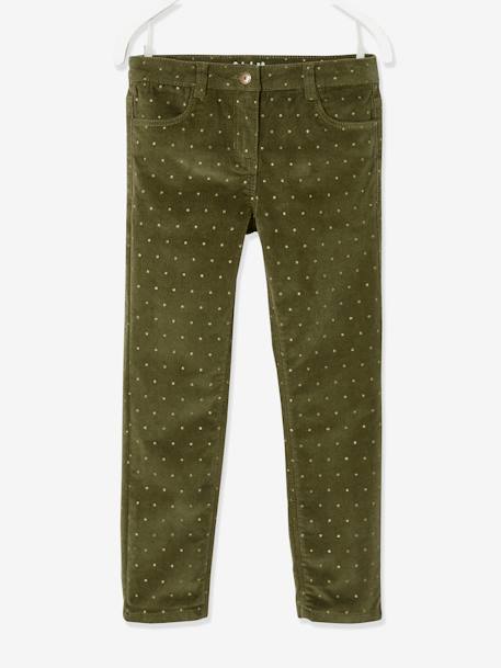 Pantalón slim MorphologiK de pana con lunares irisados para niña, con ancho de caderas FUERTE VERDE MEDIO ESTAMPADO 