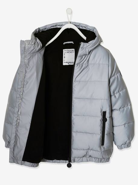 Chaqueta acolchada con capucha con forro polar, efecto reflectante y relleno de fibras recicladas, niño GRIS MEDIO LISO CON MOTIVOS 