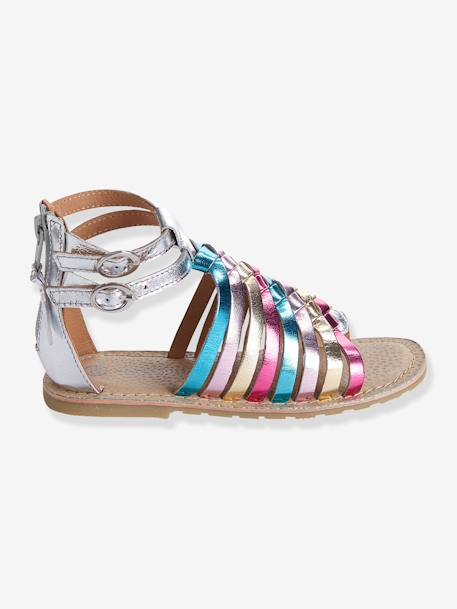 Sandalias de piel para niña NEGRO OSCURO LISO CON MOTIVOS+Plateado multicolor 