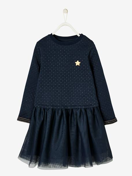 Vestido de Navidad para niña de dos tejidos AZUL OSCURO LISO+ROJO OSCURO LISO 