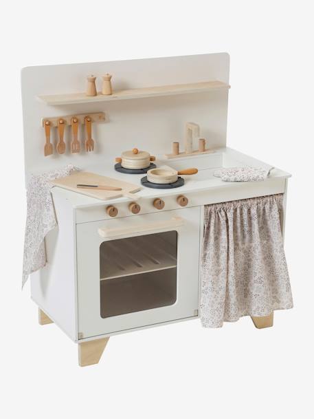 Cocinita equipada con cortina de madera FSC® BLANCO MEDIO LISO+rosa frambuesa 