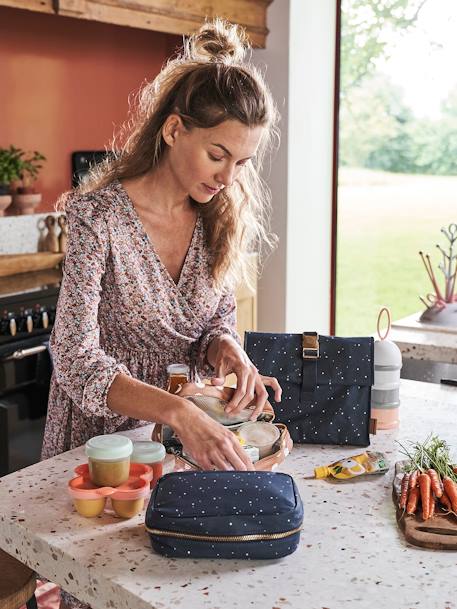 Bolso para meriendas de algodón con revestimiento AZUL OSCURO ESTAMPADO+MARRON CLARO LISO 