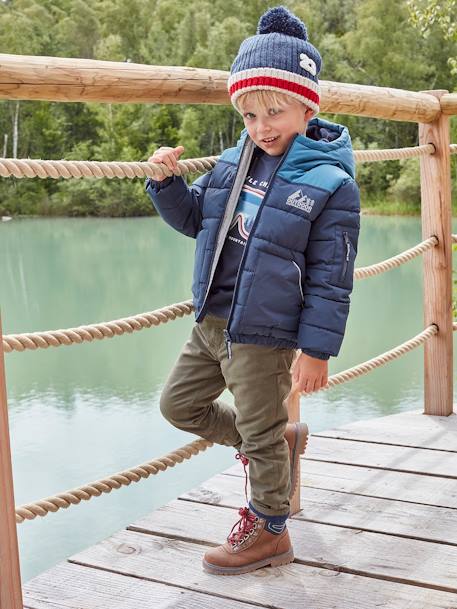 Chaqueta acolchada con capucha bicolor y relleno de poliéster reciclado, para niño avellana+AZUL FUERTE LISO CON MOTIVOS 