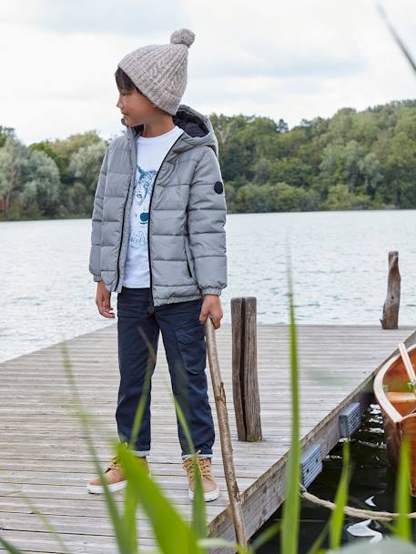 Chaqueta acolchada con capucha con forro polar, efecto reflectante y relleno de fibras recicladas, niño GRIS MEDIO LISO CON MOTIVOS 