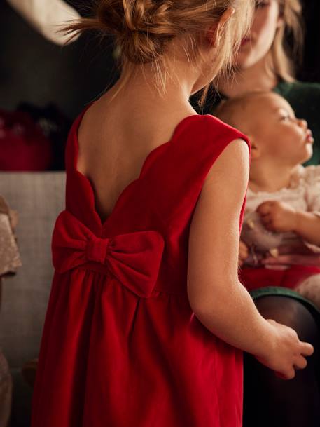 Vestido de fiesta de terciopelo liso y lacito detrás, para niña ROJO OSCURO LISO+verde 