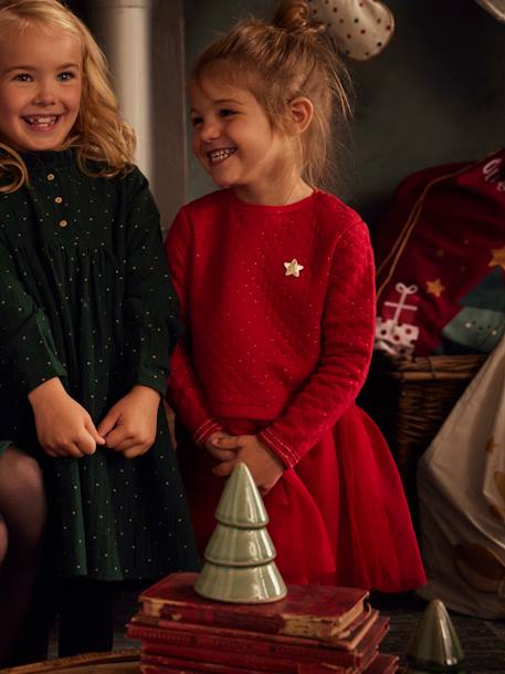 Vestido de Navidad para niña de dos tejidos AZUL OSCURO LISO+ROJO OSCURO LISO+rosa maquillaje 