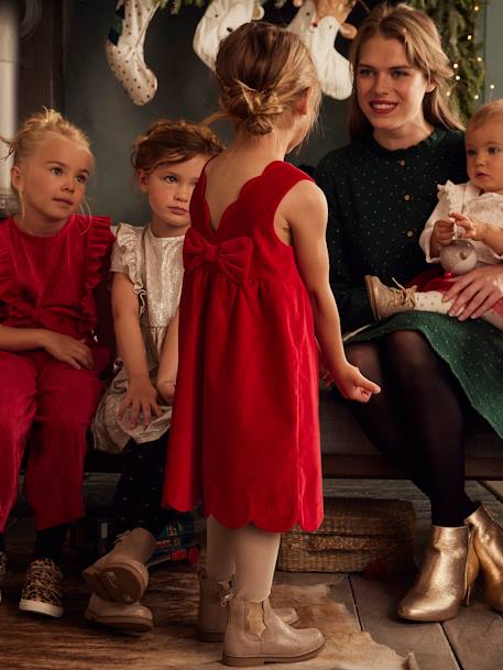 Vestido de fiesta de terciopelo liso y lacito detrás, para niña 6399+ROJO OSCURO LISO+verde 