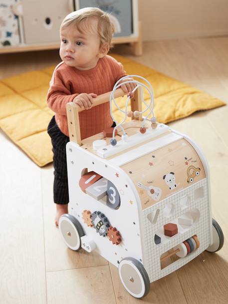 Carrito andador y cubo de actividades con frenos de madera FSC® multicolor 