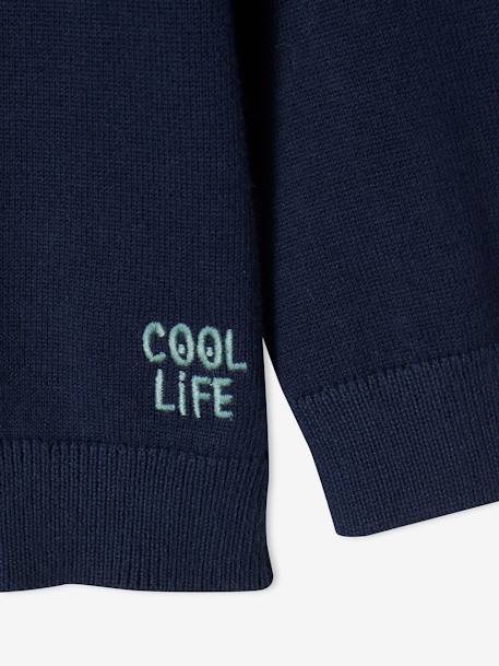 Chaqueta de punto con cuello de pico estilo universitario y bordado 'cool life', para niño AZUL OSCURO LISO 