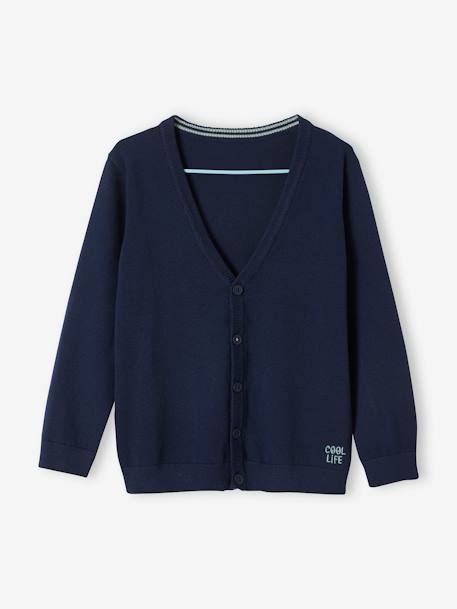 Chaqueta de punto con cuello de pico estilo universitario y bordado 'cool life', para niño AZUL OSCURO LISO 