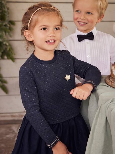 Vestido de Navidad para niña de dos tejidos AZUL OSCURO LISO+ROJO OSCURO LISO 