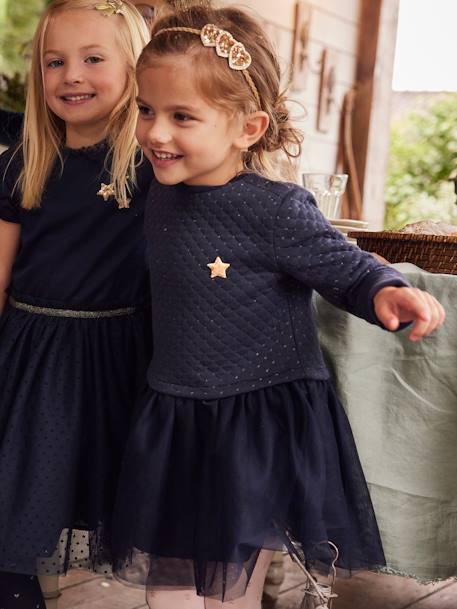 Vestido de Navidad para niña de dos tejidos AZUL OSCURO LISO+ROJO OSCURO LISO 