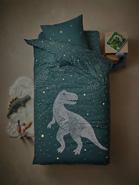 Conjunto de funda nórdica + funda de almohada con detalles fluorescentes Star T-Rex VERDE OSCURO LISO CON MOTIVOS 