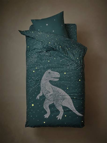 Conjunto de funda nórdica + funda de almohada con detalles fluorescentes Star T-Rex VERDE OSCURO LISO CON MOTIVOS 