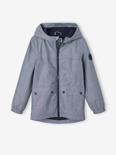 Cortaviento con capucha de chambray perlante, para niño AZUL MEDIO LISO CON MOTIVOS 